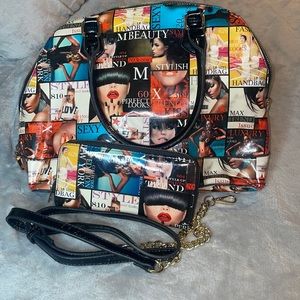 Fashion magazine themed purse and wallet with extra long strap.